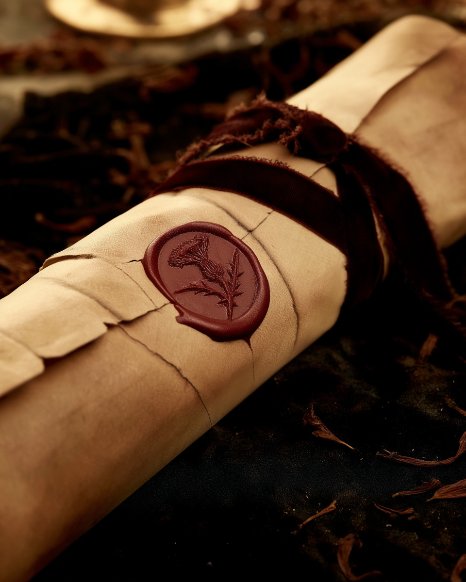 Wax-sealed parchment scroll wrapped in dark cloth