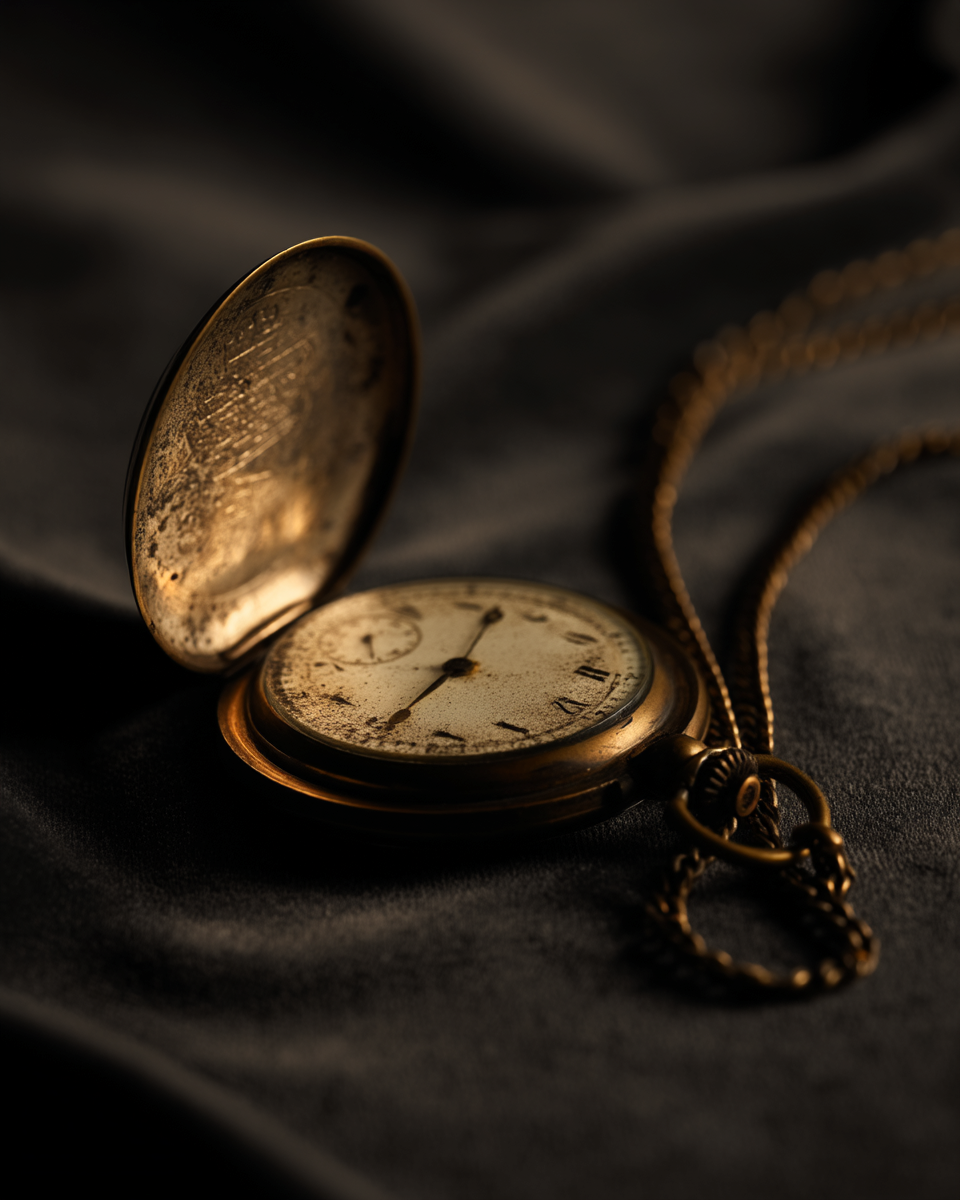 Antique pocket watch open on dark satin