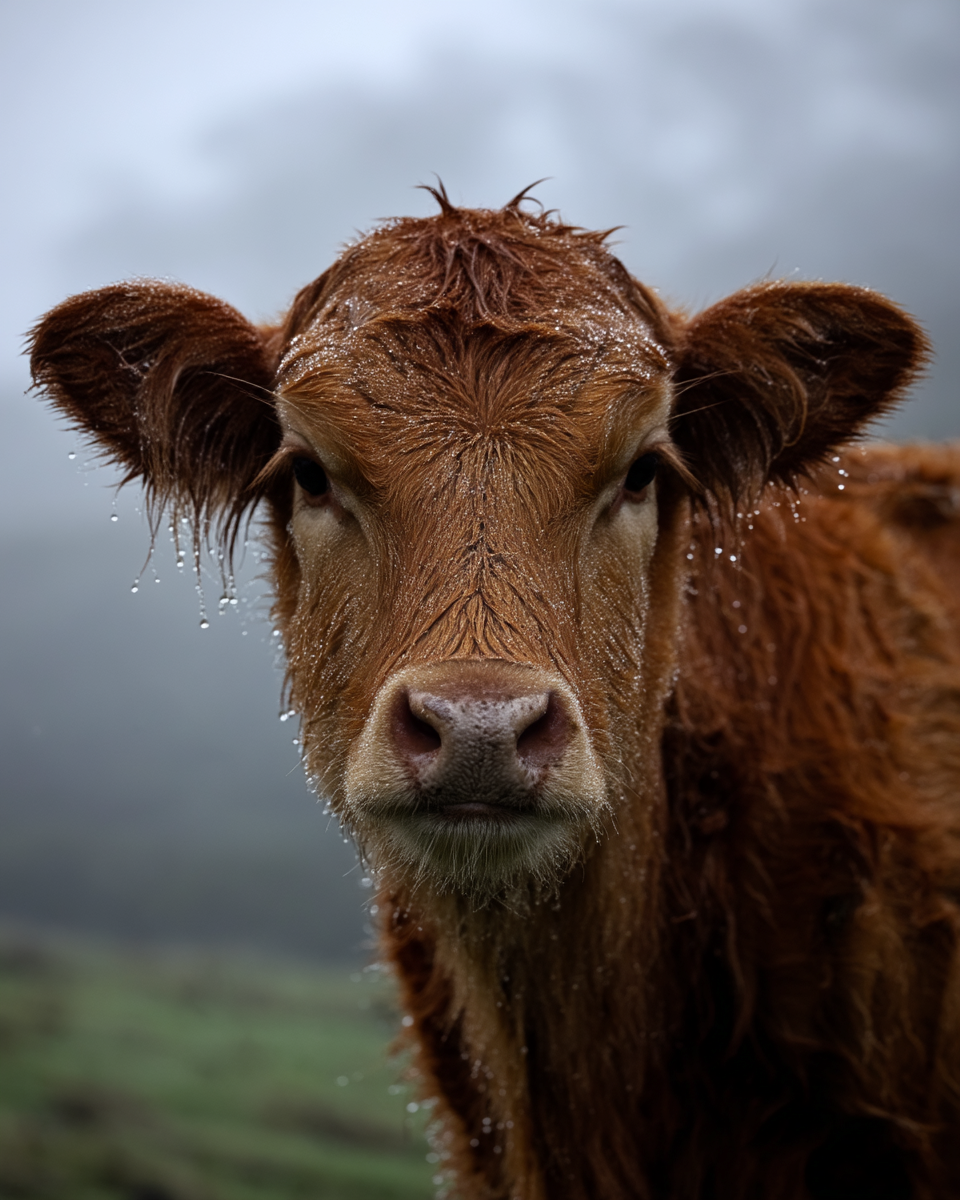 Distant cattle in heavy fog across a low valley