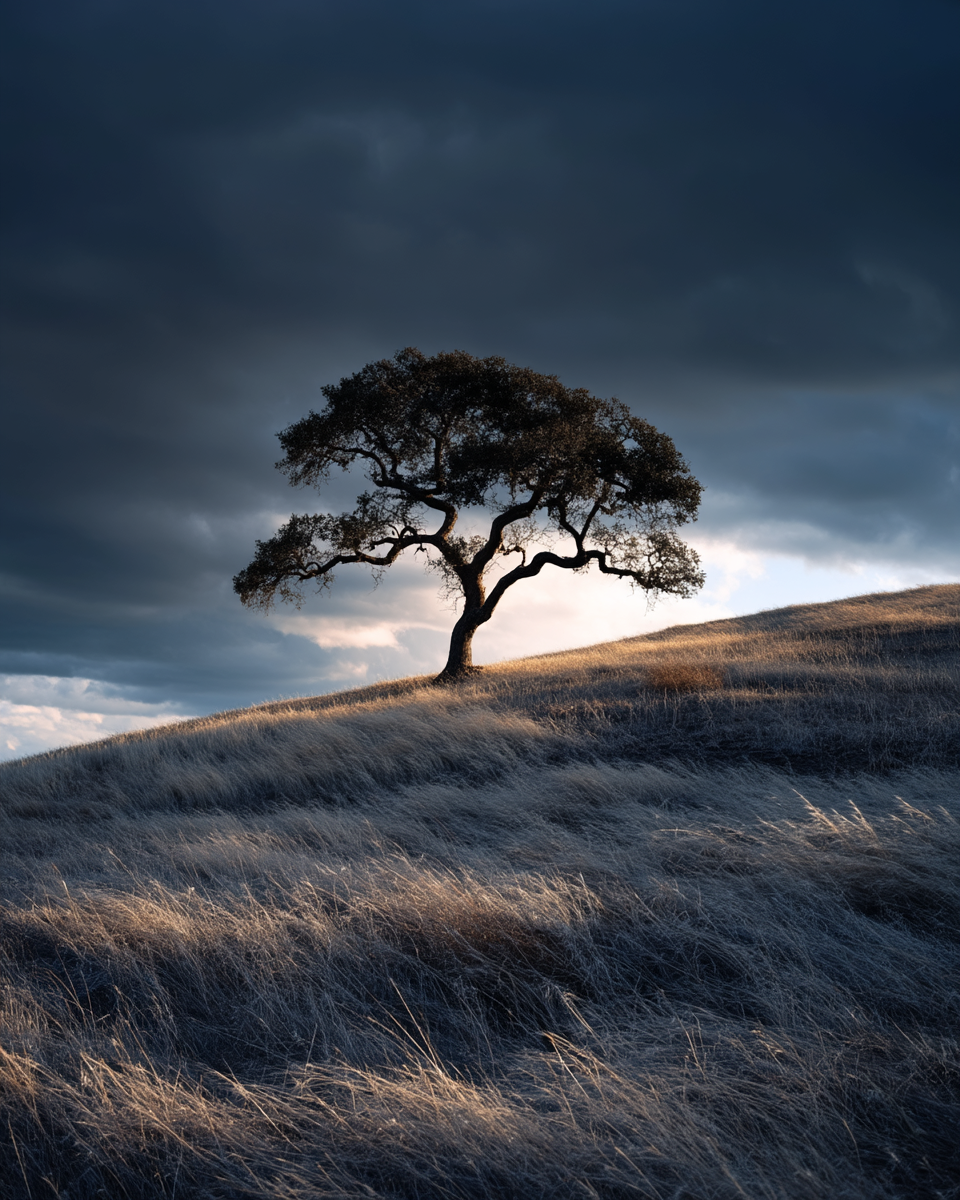 Lone oak on hill against storm sky, backlit